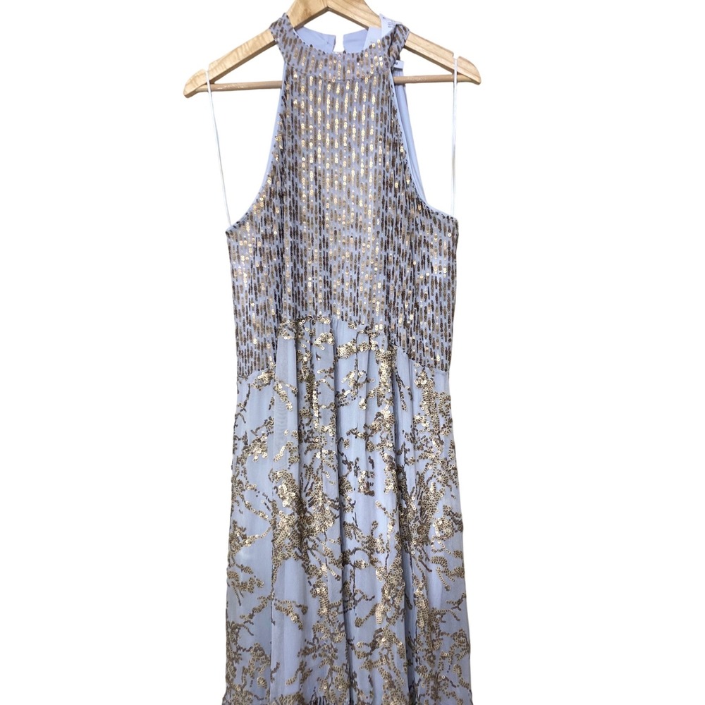 Cupio Women Gold Sequin Floral‎ Halter Maxi Dress Light Blue Size XL Sleeveless - Picture 2 of 5
